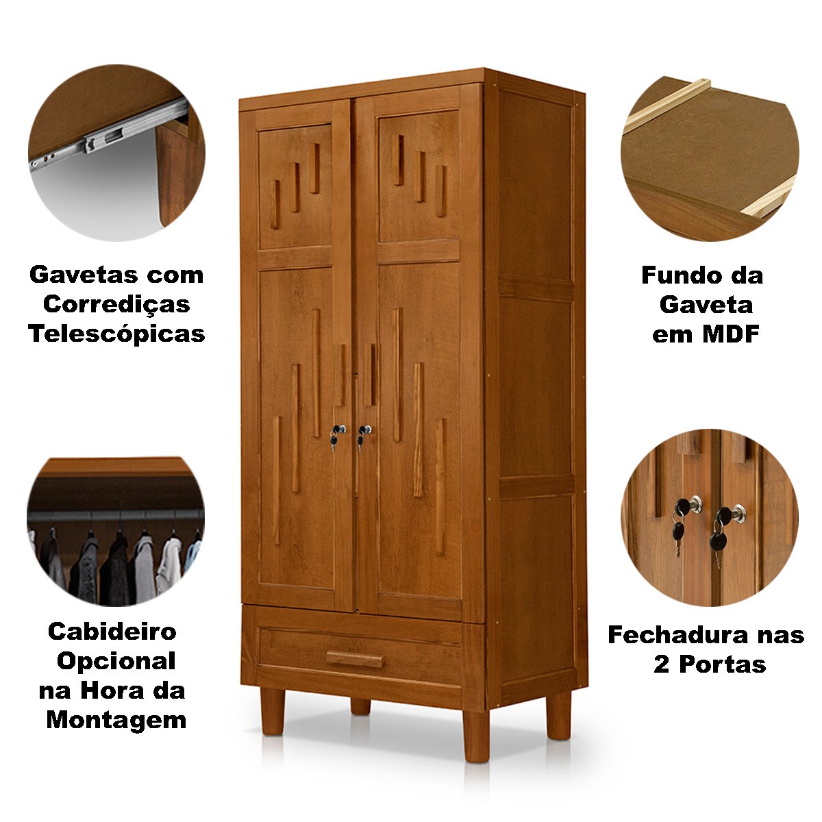 Guarda Roupa 2 Portas e Cômoda 4 Gavetas 100 % Madeira Paris Castanho