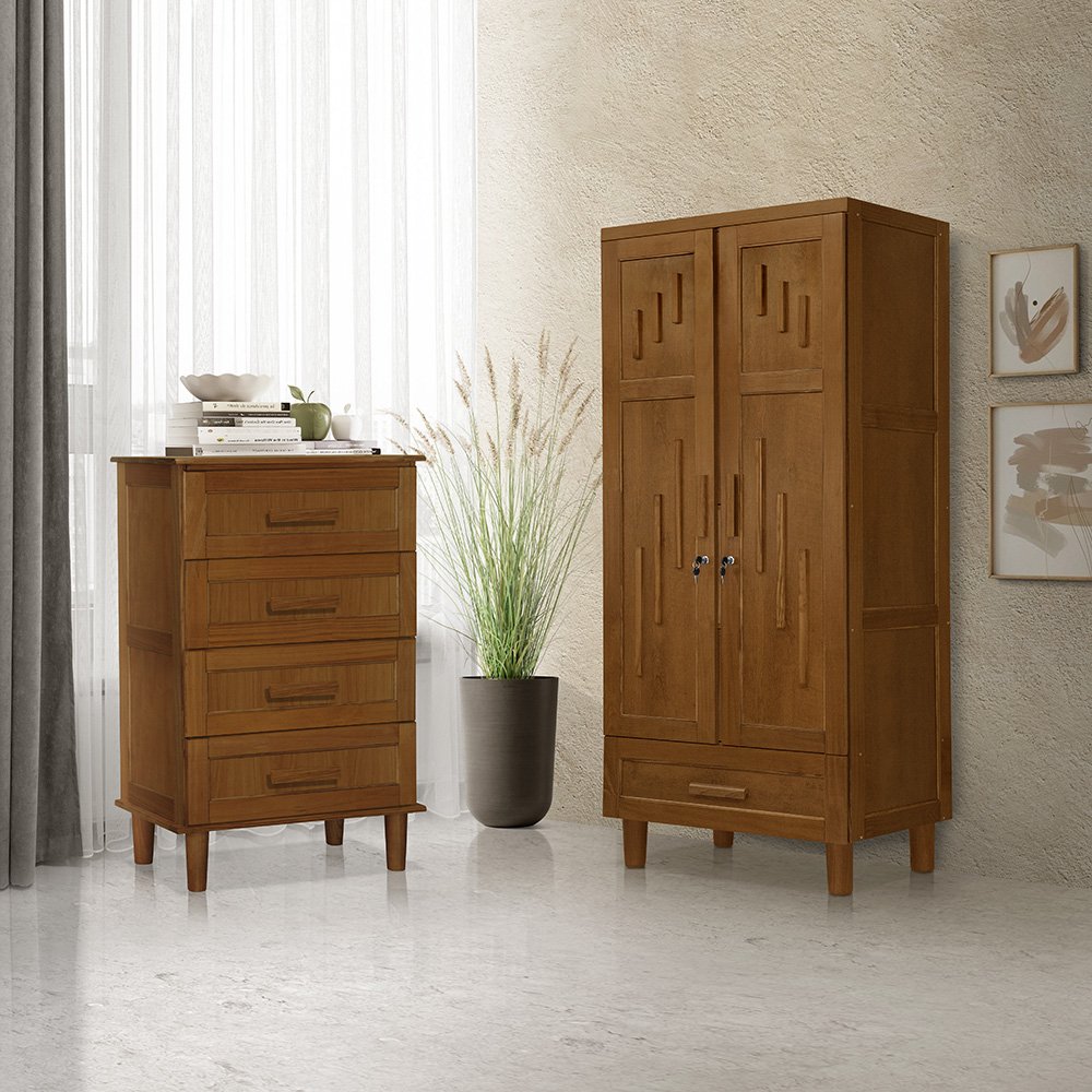 Guarda Roupa 2 Portas e Cômoda 4 Gavetas 100 % Madeira Paris Castanho