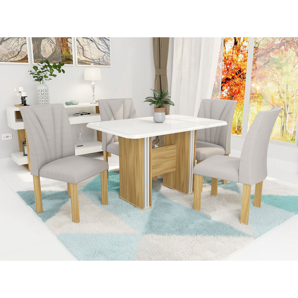Conjunto de Mesa de Jantar Retangular com Tampo de Vidro e 4 Cadeiras Rayanna Freijó e Off White