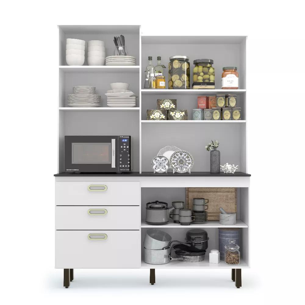 Armário De Cozinha 4 Portas 3 Gavetas Espaçoso Moderno Com Tampo Granito 141x194 4p