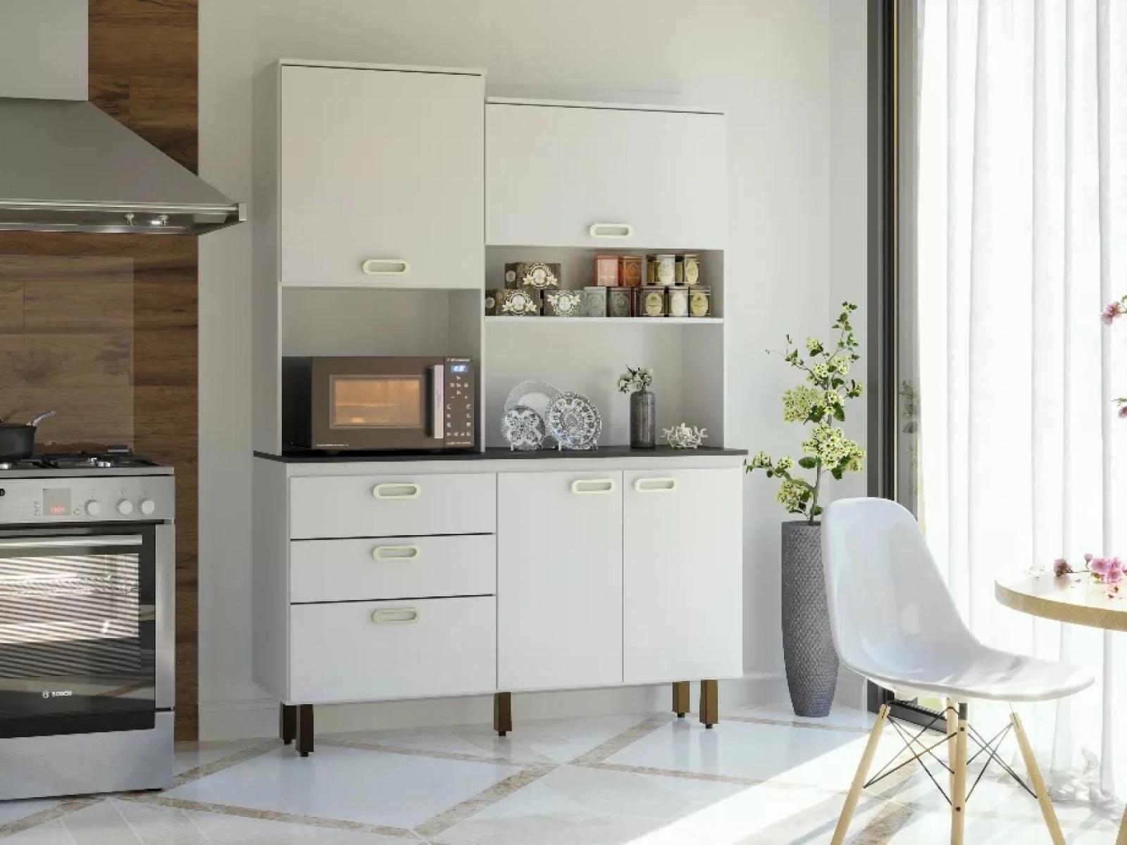 Armário De Cozinha 4 Portas 3 Gavetas Espaçoso Moderno Com Tampo Granito 141x194 4p