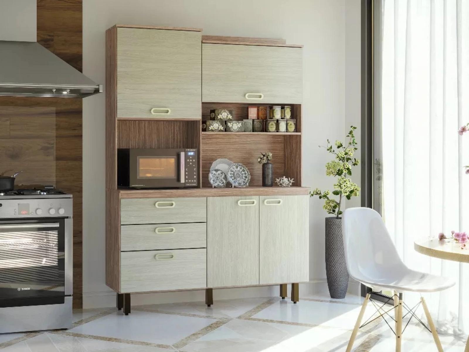 Armário De Cozinha 4 Portas 3 Gavetas Espaçoso Moderno Com Tampo Granito 141x194 4p