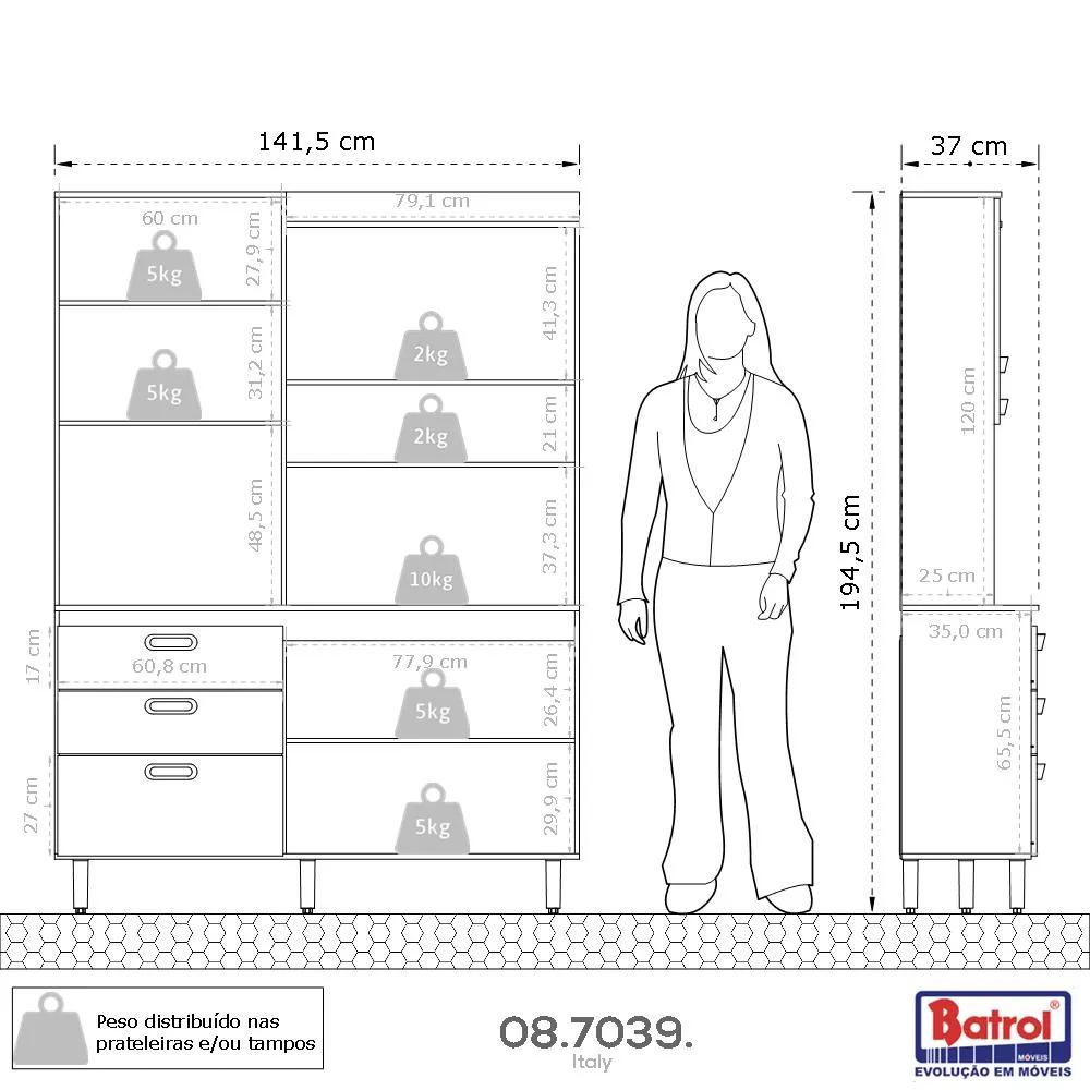Armário De Cozinha 4 Portas 3 Gavetas Espaçoso Moderno Com Tampo Granito 141x194 4p