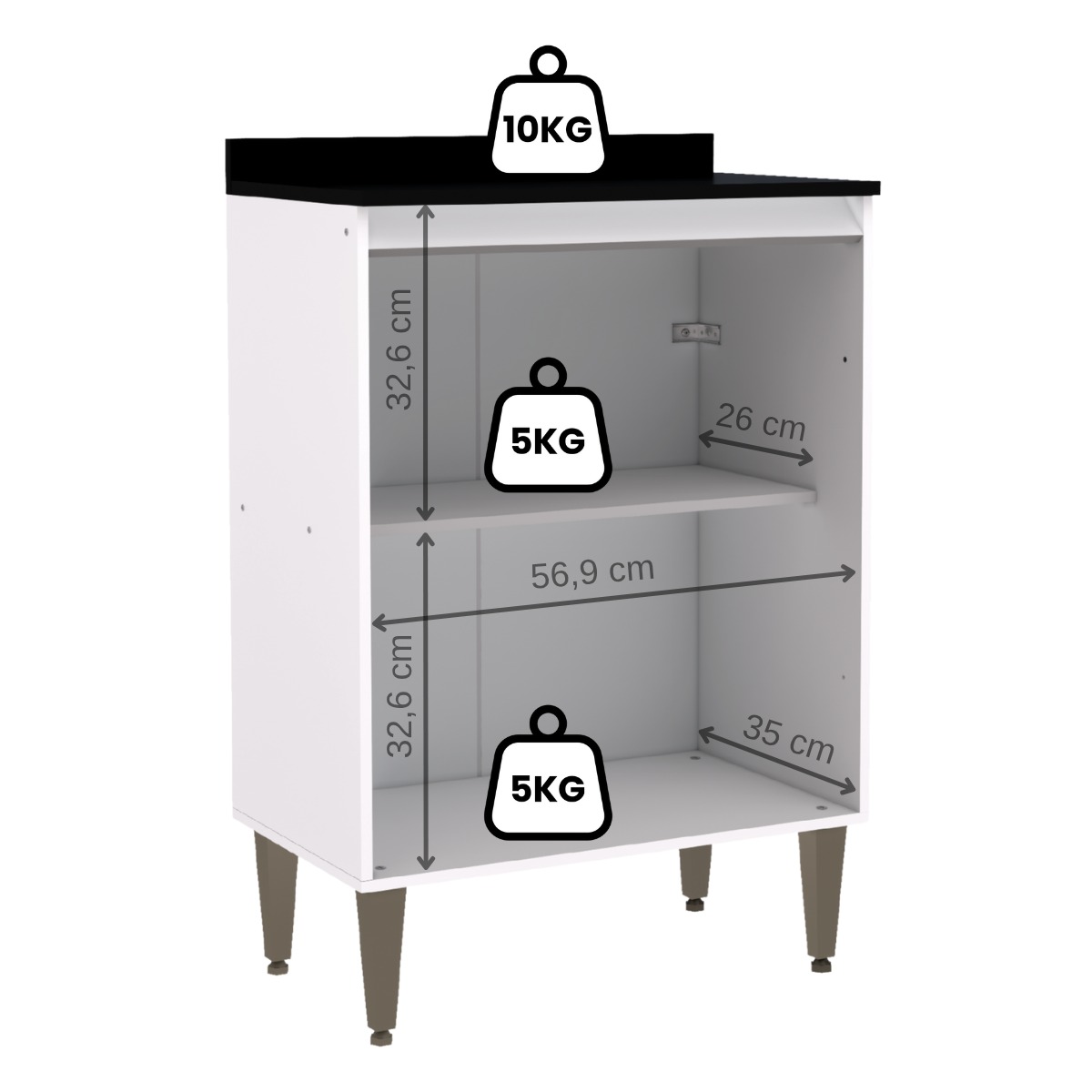 Armário Gabinete Branco Moderno Para Cozinha Balcão Espaçoso Com 2 Portas e Pés Gs