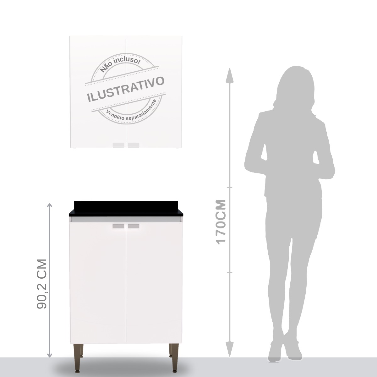 Armário Gabinete Branco Moderno Para Cozinha Balcão Espaçoso Com 2 Portas e Pés Gs