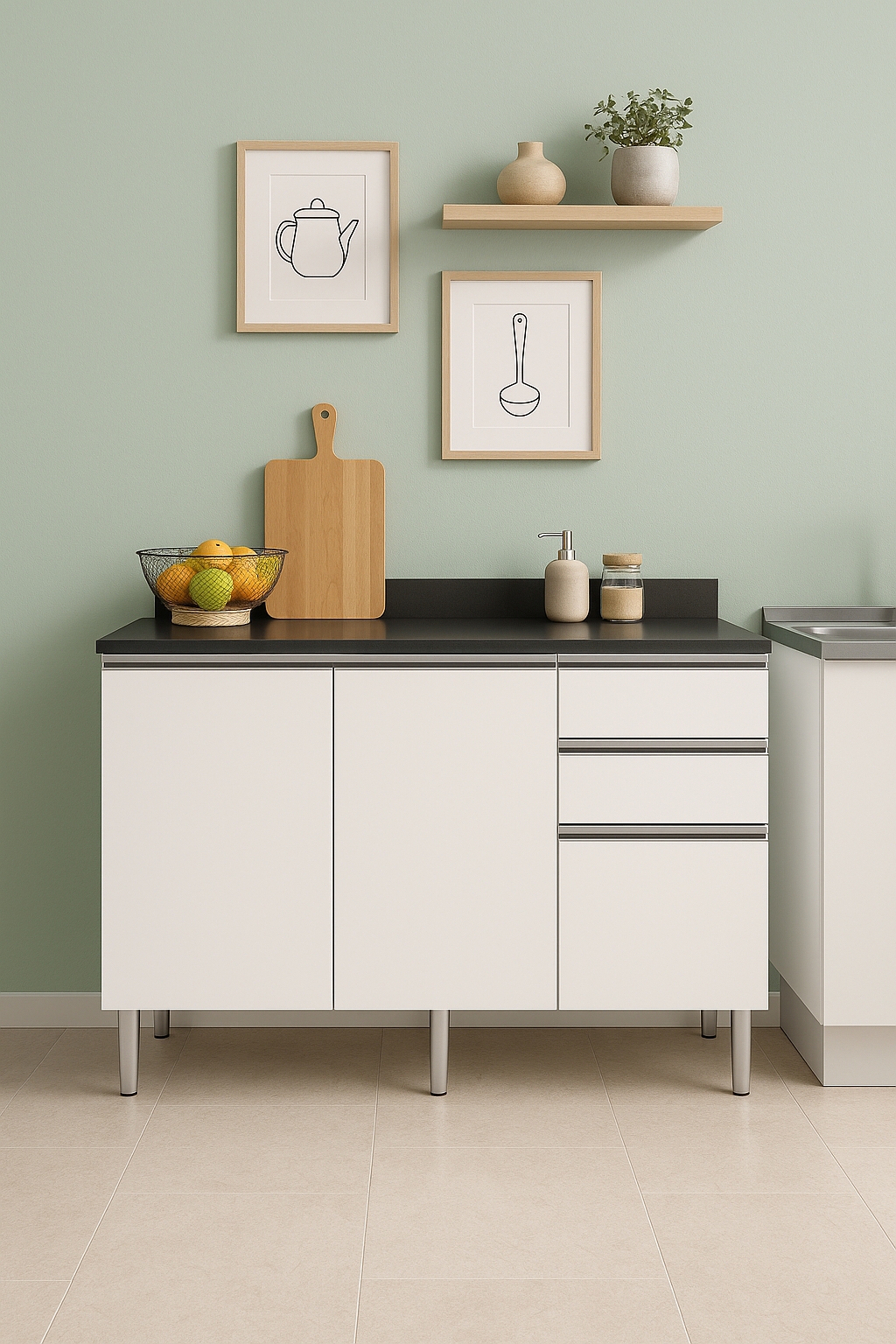 Balcão de Cozinha com Tampo Top Class 2 Portas 3 Gavetas Branco
