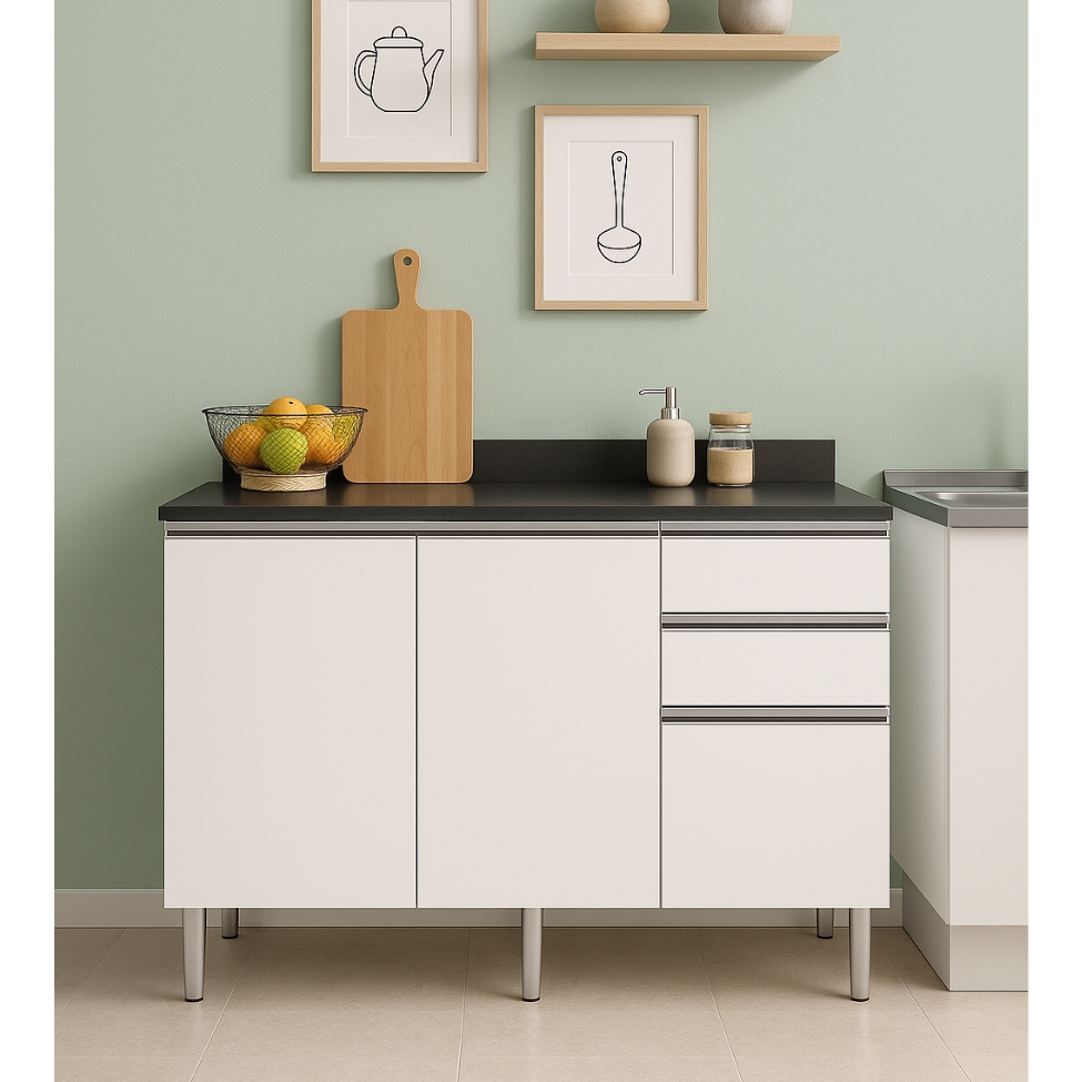 Balcão de Cozinha com Tampo Top Class 2 Portas 3 Gavetas Branco