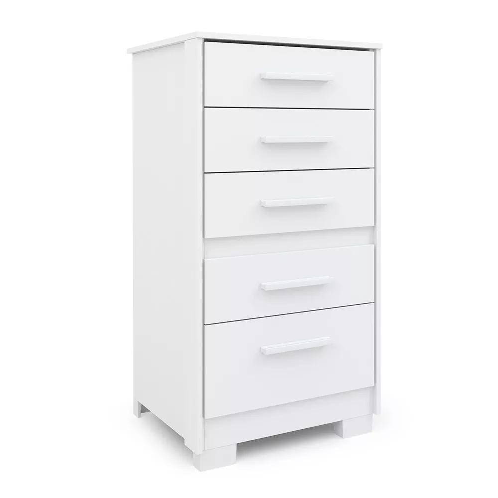 Cômoda Branca Para Quarto Reforçada Compacta Com Pés 5 Gavetas Espaçosa Luxo Pry