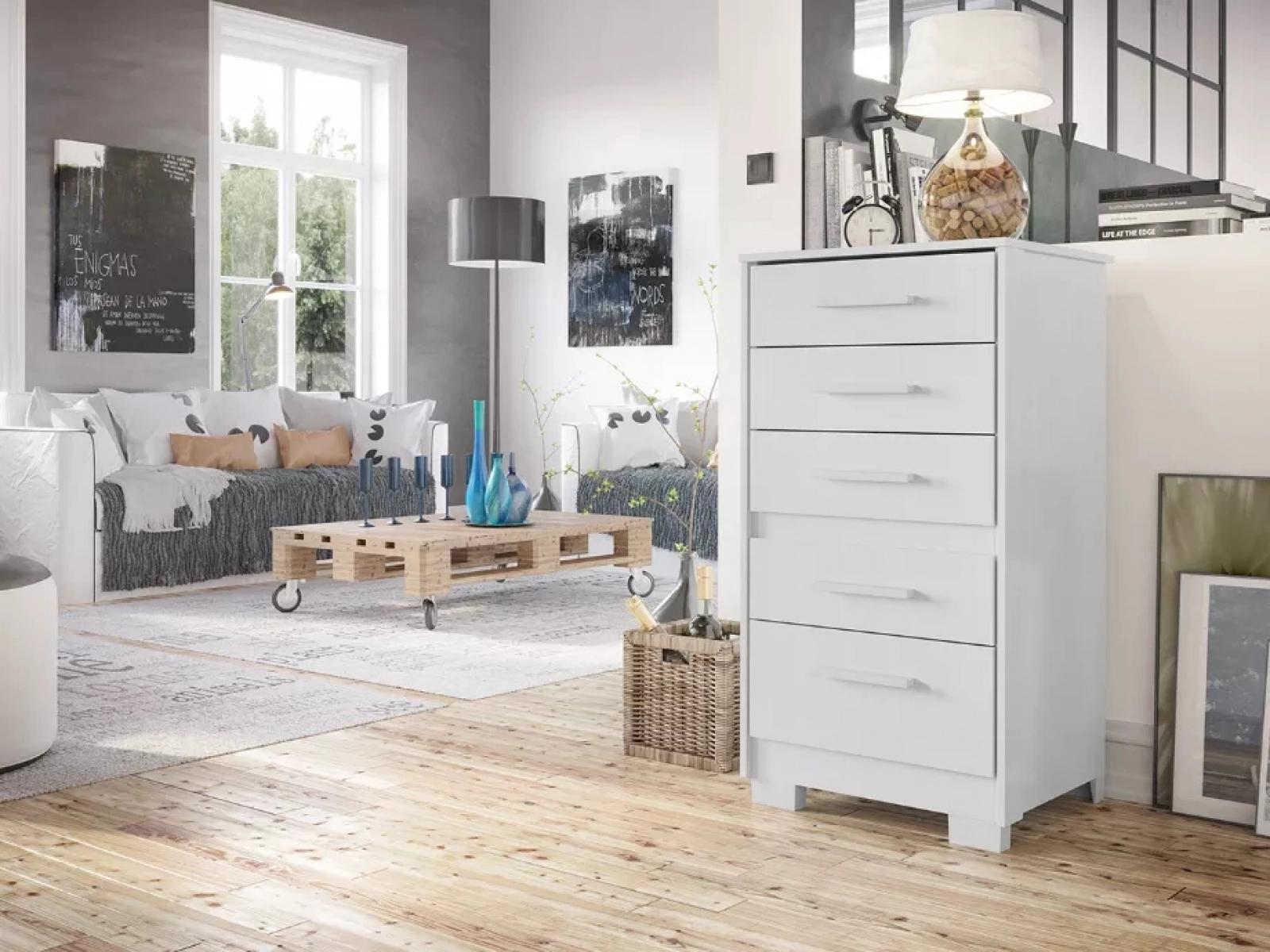 Cômoda Branca Para Quarto Reforçada Compacta Com Pés 5 Gavetas Espaçosa Luxo Pry