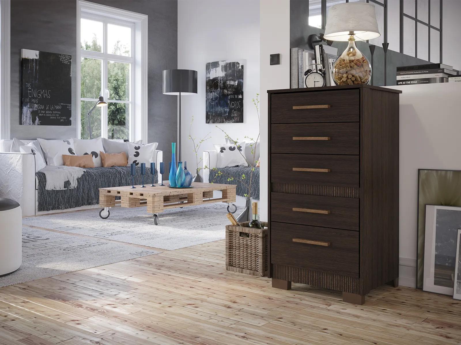 Cômoda Marrom Para Quarto Reforçada Compacta Com Pés 5 Gavetas Espaçosa Luxo Pry