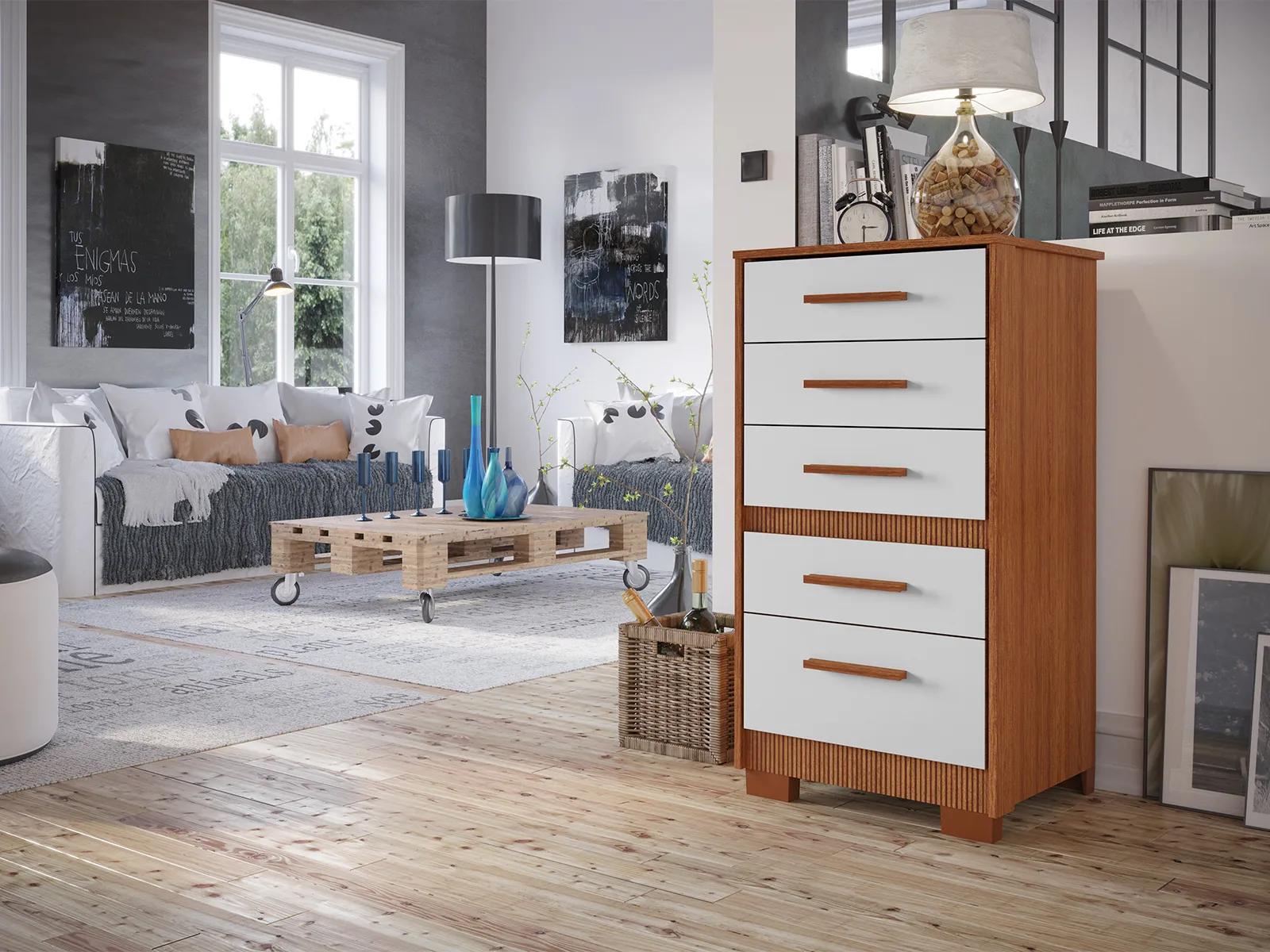 Cômoda Moderna Off White  Para Quarto Reforçada Compacta Com Pés 5 Gavetas Espaçosa Luxo Pry