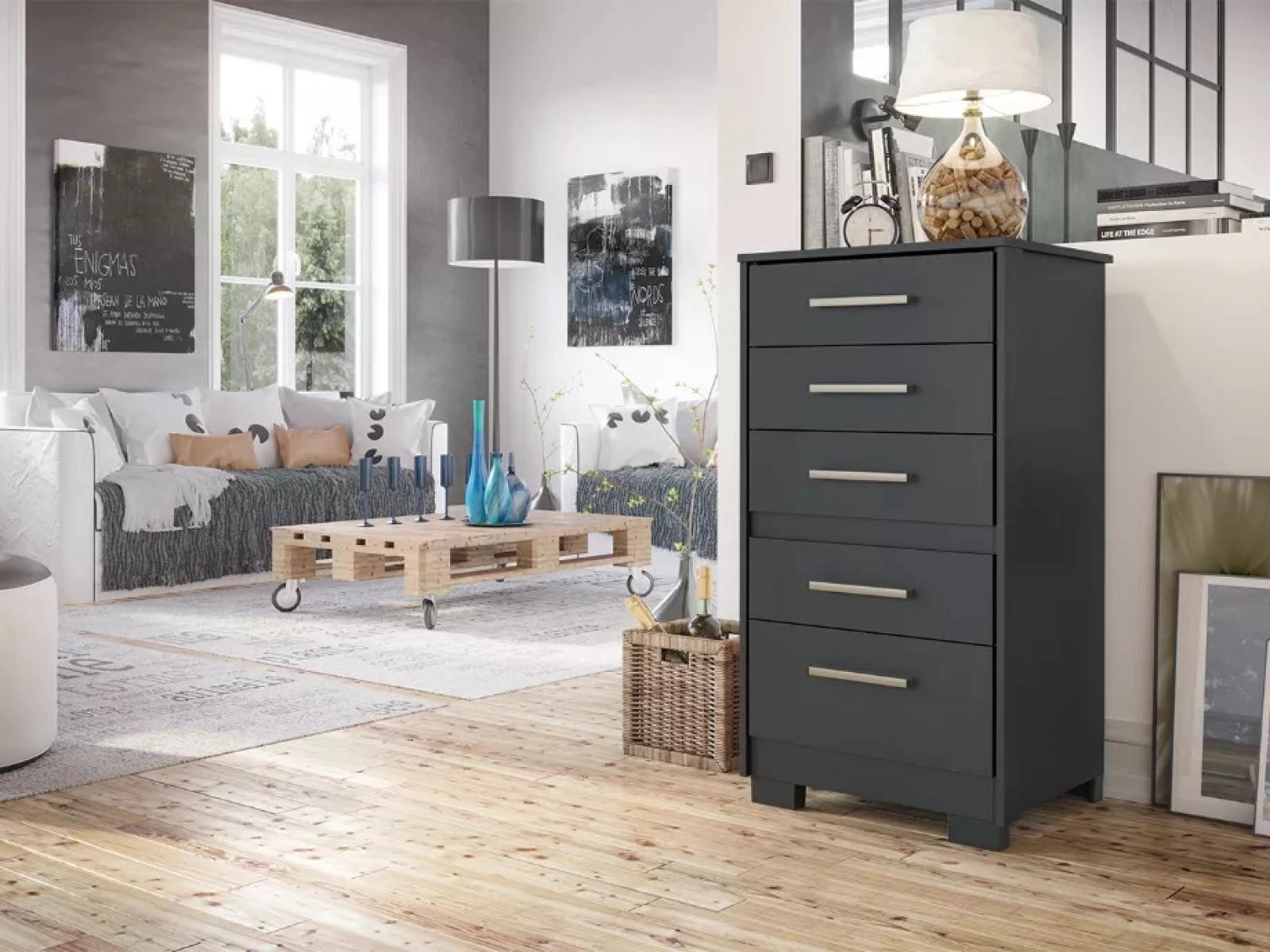 Cômoda Moderna Para Quarto Preto Reforçada Compacta Com Pés 5 Gavetas Espaçosa Luxo Pry
