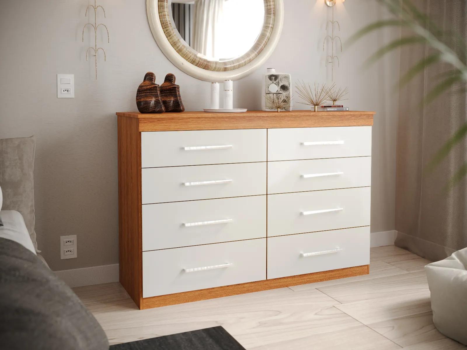 Cômoda Off White Para Quarto Espaçosa Reforçada Com  8 Gavetas Gênova