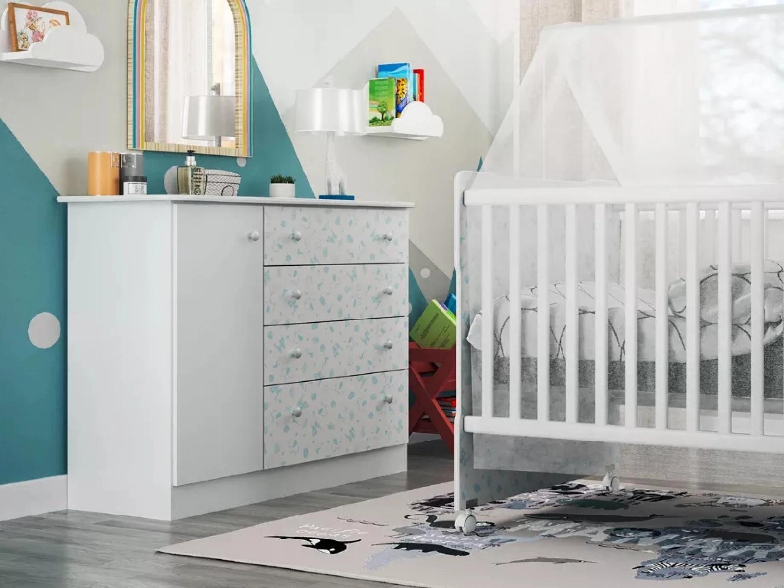 Cômoda Para Bebê Azul Espaçosa Com 04 Gavetas E 1 Porta Icp