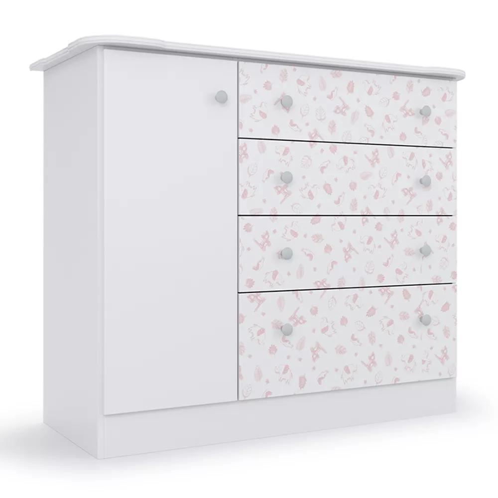 Cômoda Para Bebê Rosa Espaçosa Com 04 Gavetas E 1 Porta Icp