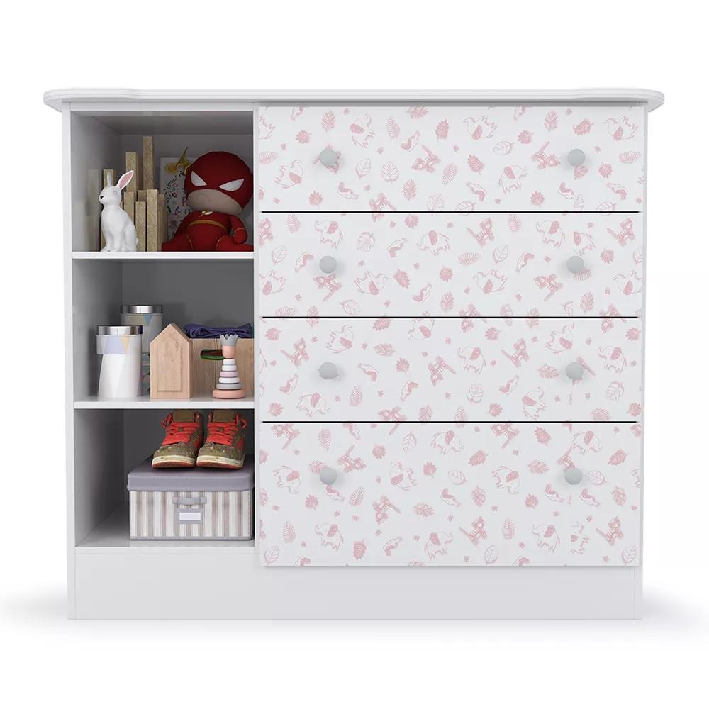 Cômoda Para Bebê Rosa Espaçosa Com 04 Gavetas E 1 Porta Icp