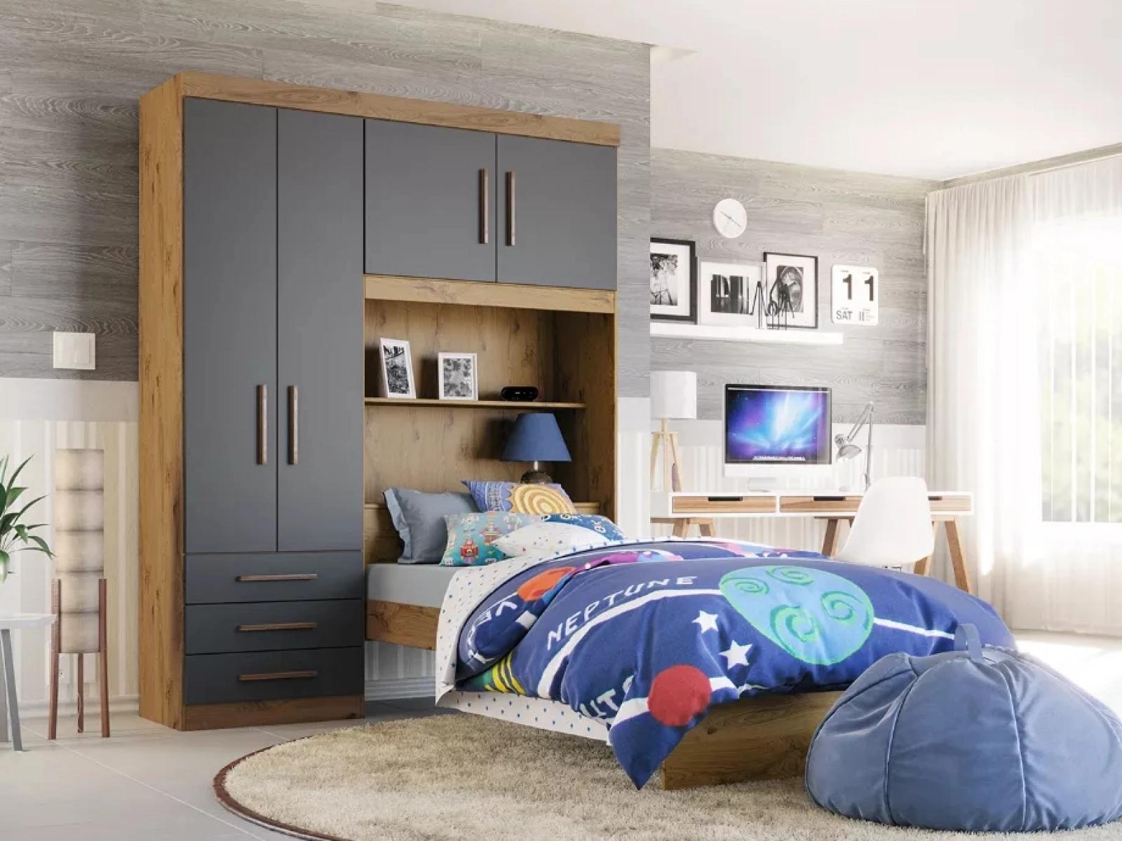 Conjunto Roupeiro Guarda Roupa de Solteiro Grafite Com Cama + Cabeceira com Baú Interno Luxo Av