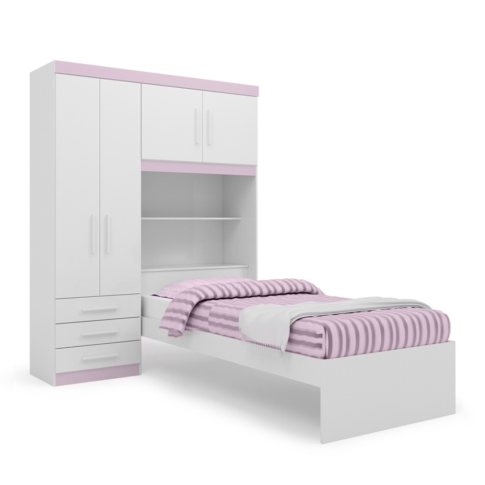 Conjunto Roupeiro Guarda Roupa de Solteiro Rosa Com Cama + Cabeceira com Baú Interno Luxo Av