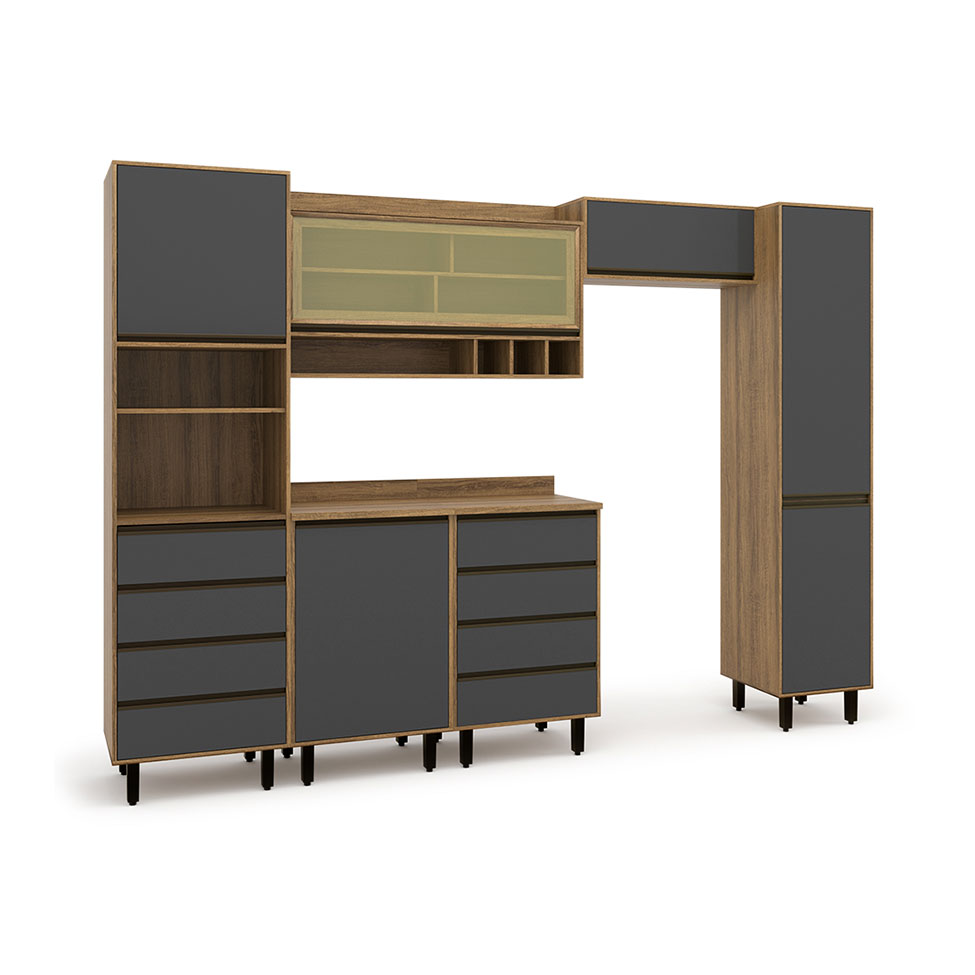 Cozinha Compacta Confort 6 Portas 8 Gavetas Cinamomo e Grafite