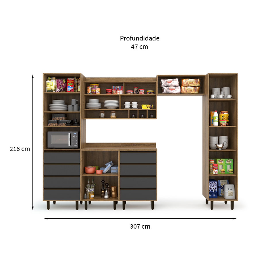 Cozinha Compacta Confort 6 Portas 8 Gavetas Cinamomo e Grafite