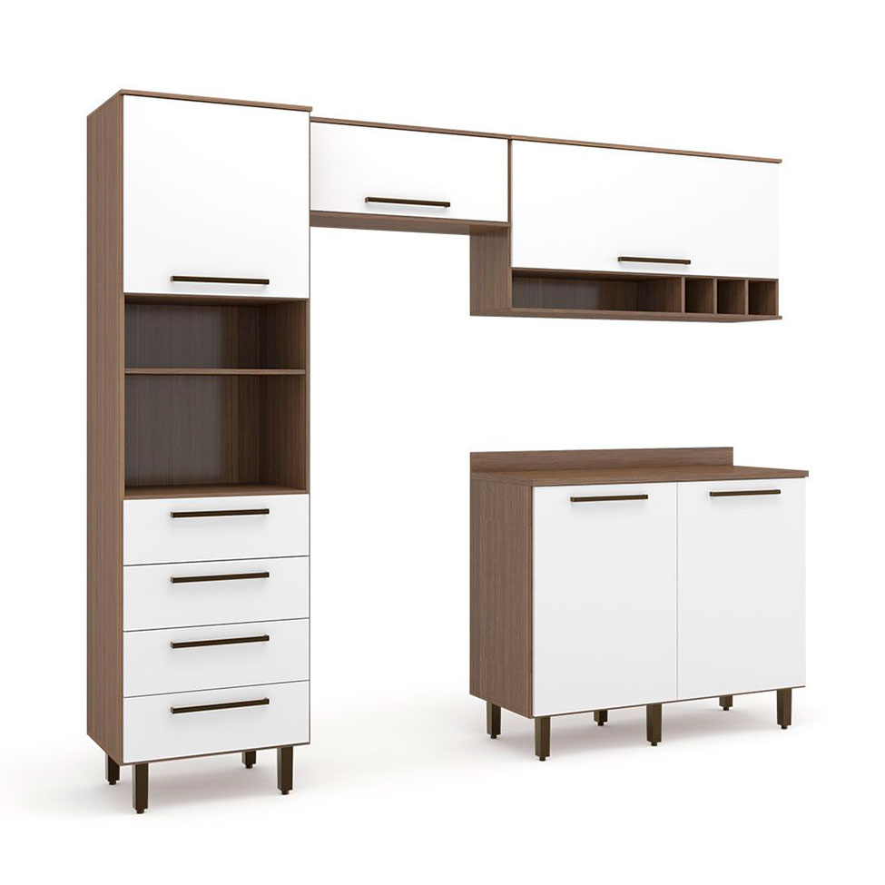 Cozinha Compacta Evolution 5 Portas 4 Gavetas Branco e Tannat