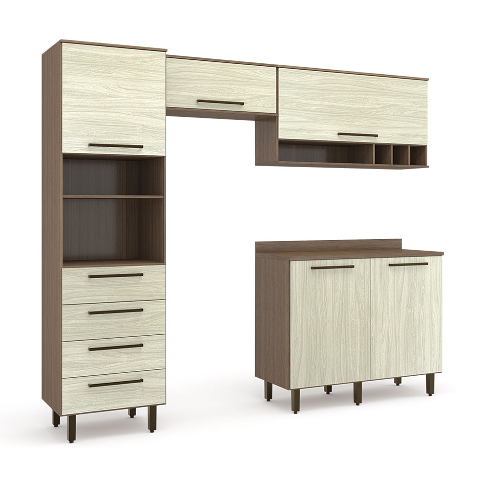 Cozinha Compacta Evolution 5 Portas 4 Gavetas Legno e Crema