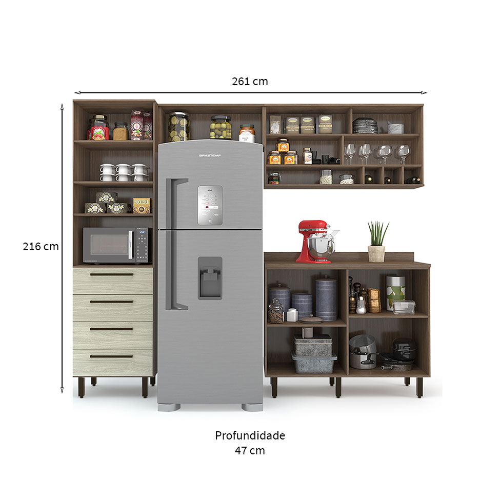 Cozinha Compacta Evolution 5 Portas 4 Gavetas Legno e Crema