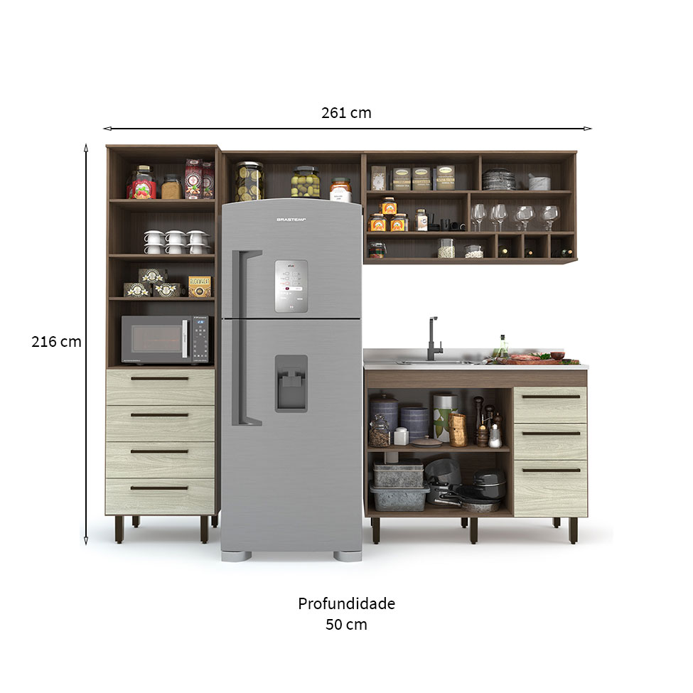 Cozinha Compacta Evolution 5 Portas 7 Gavetas Legno e Crema
