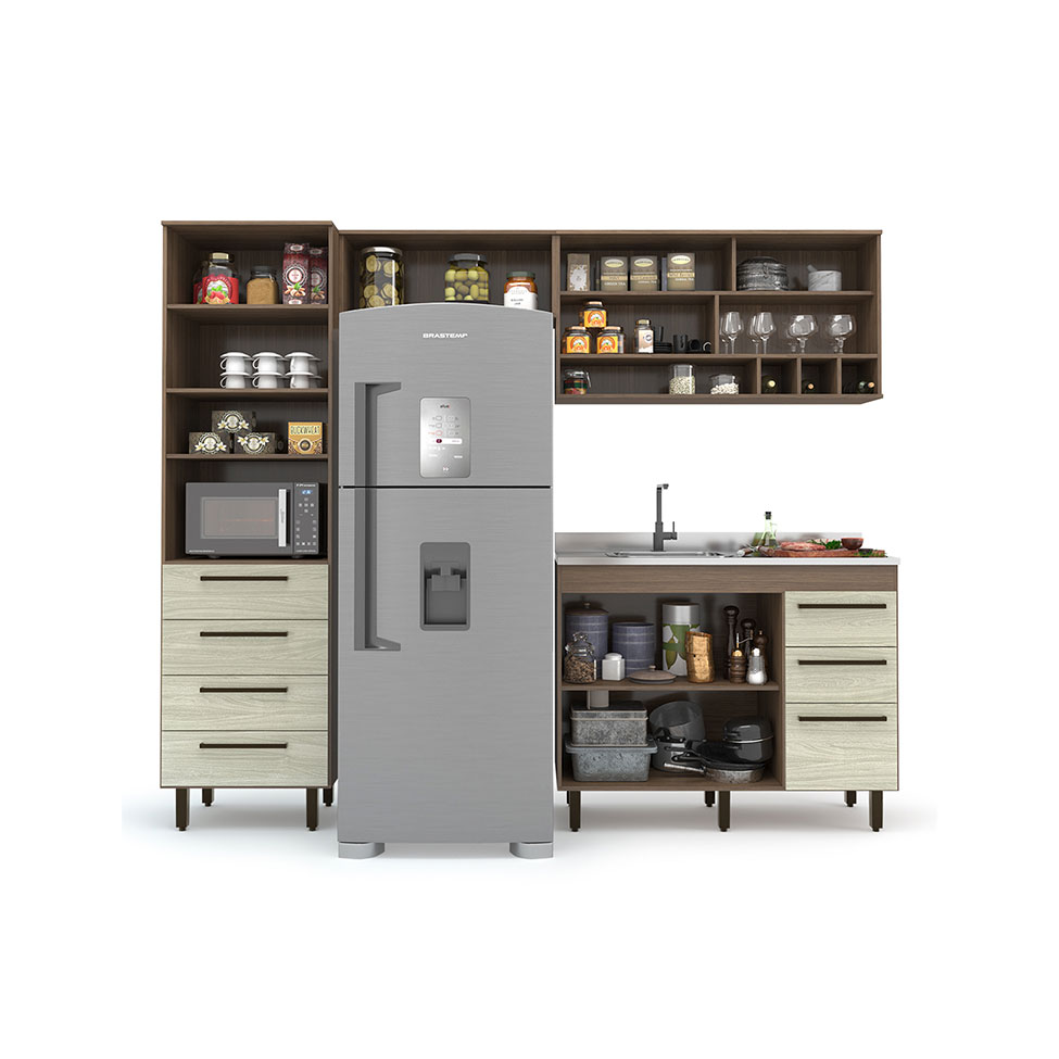 Cozinha Compacta Evolution 5 Portas 7 Gavetas Legno e Crema