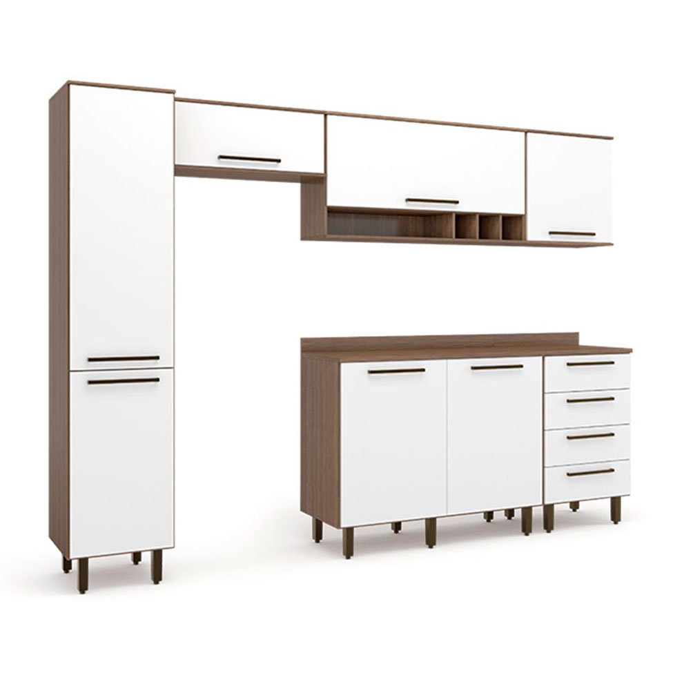 Cozinha Compacta Evolution 7 Portas 4 Gavetas Branco e Tannat