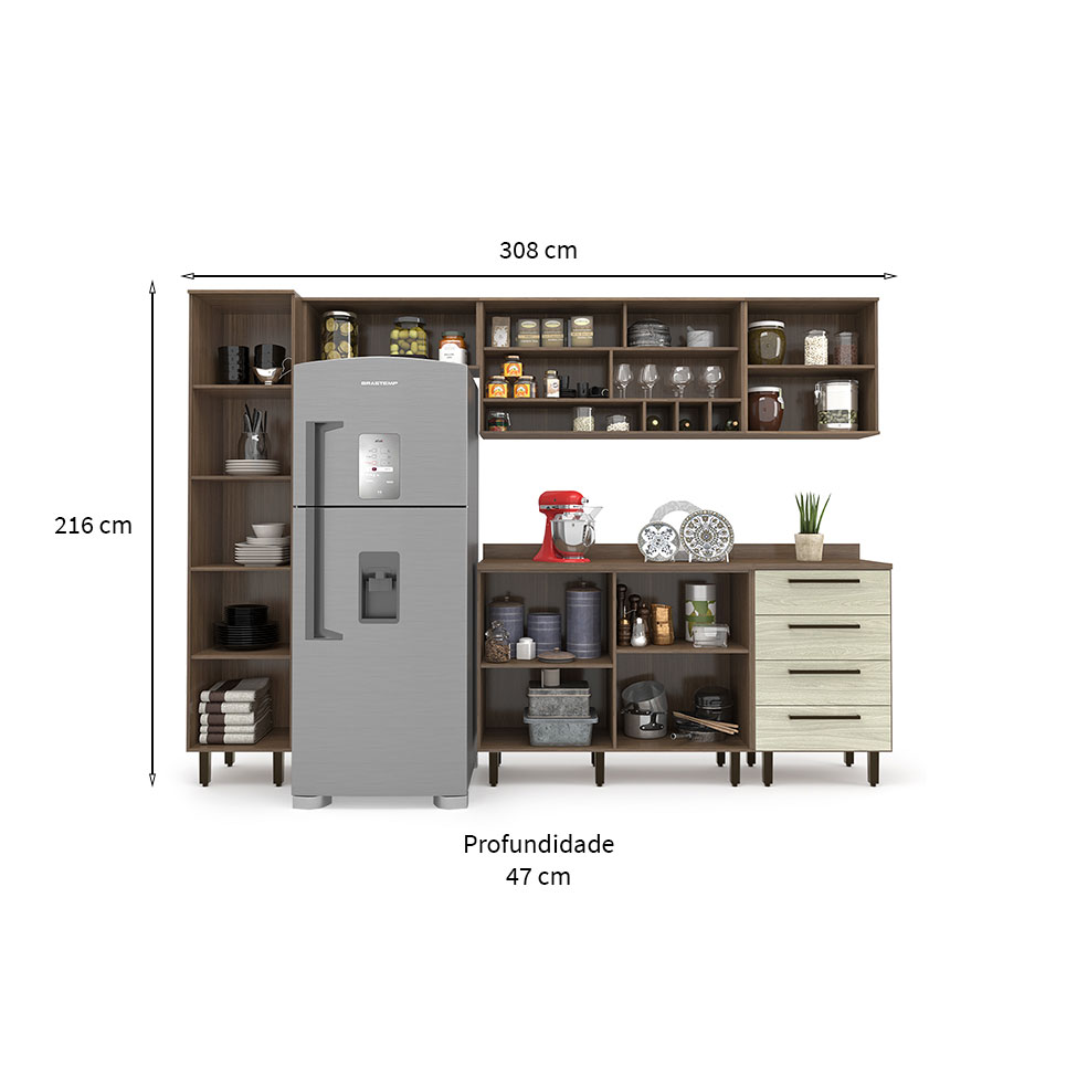 Cozinha Compacta Evolution 7 Portas 4 Gavetas Branco e Tannat