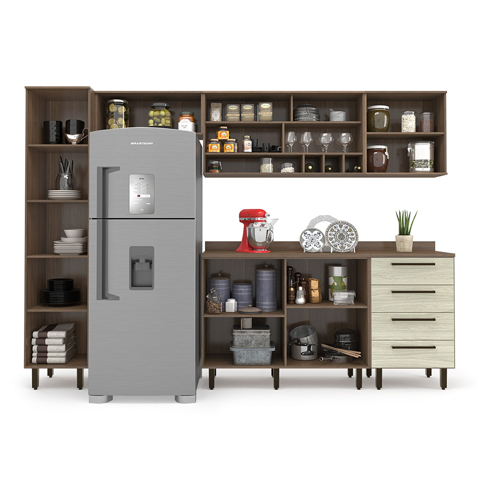 Cozinha Compacta Evolution 7 Portas 4 Gavetas Branco e Tannat