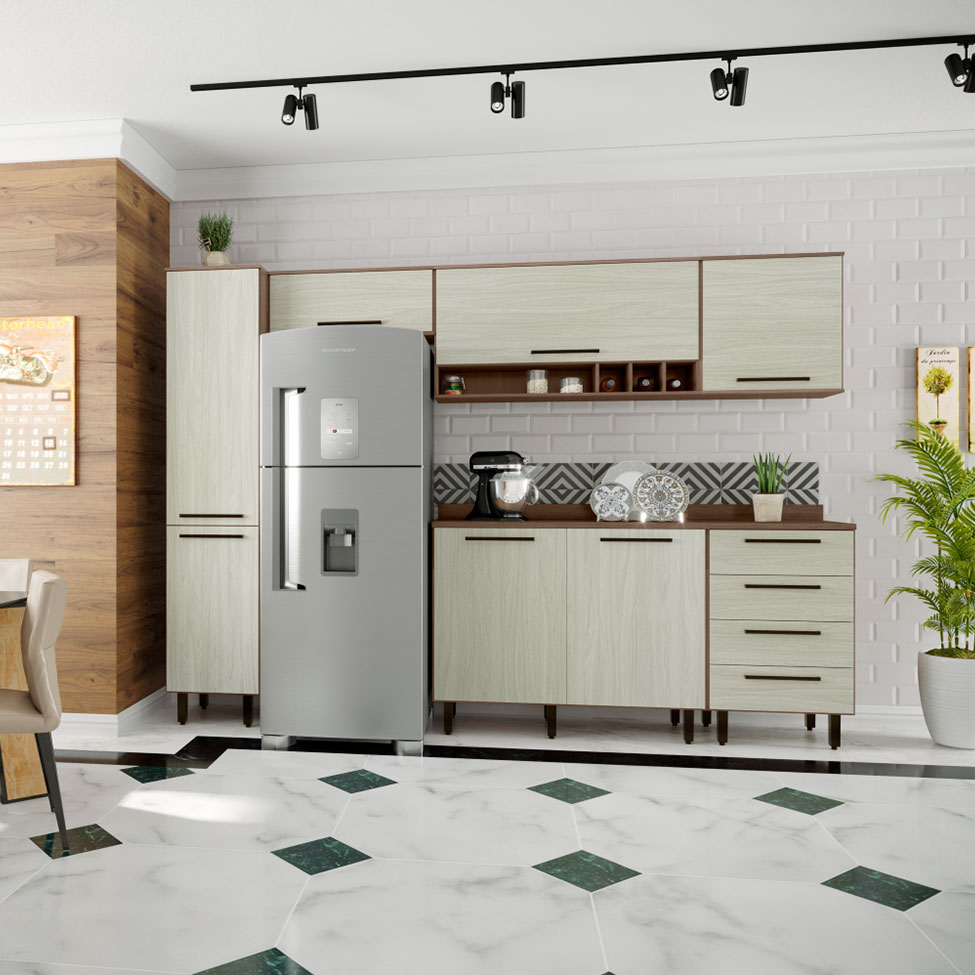 Cozinha Compacta Evolution 7 Portas 4 Gavetas Legno e Crema