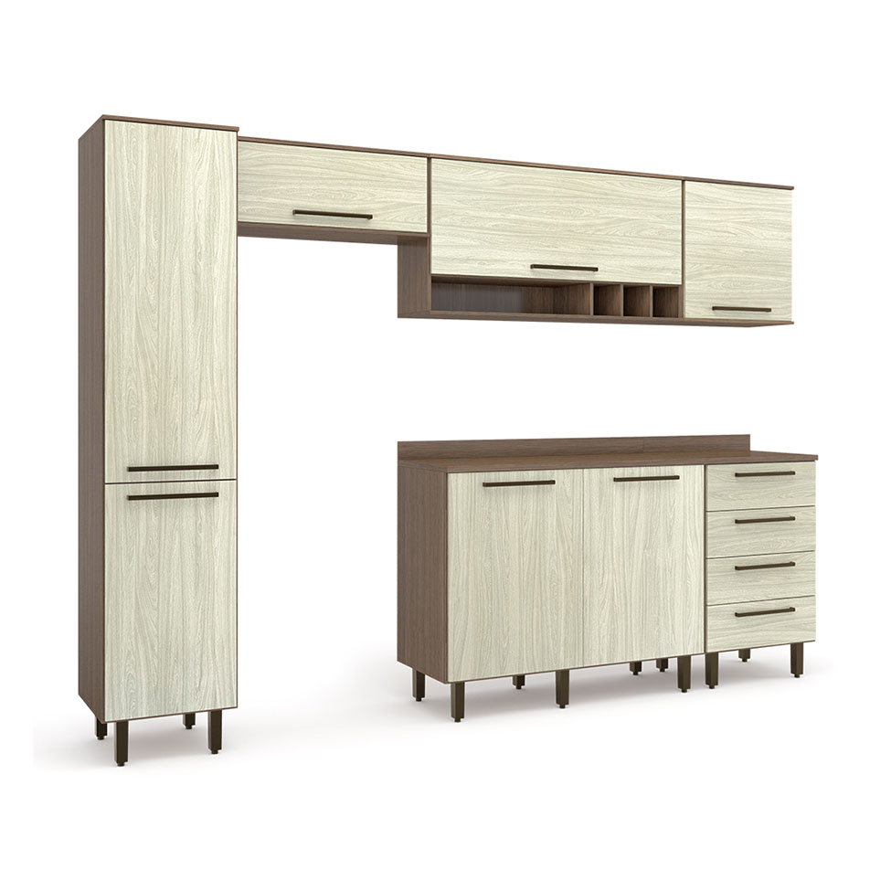 Cozinha Compacta Evolution 7 Portas 4 Gavetas Legno e Crema