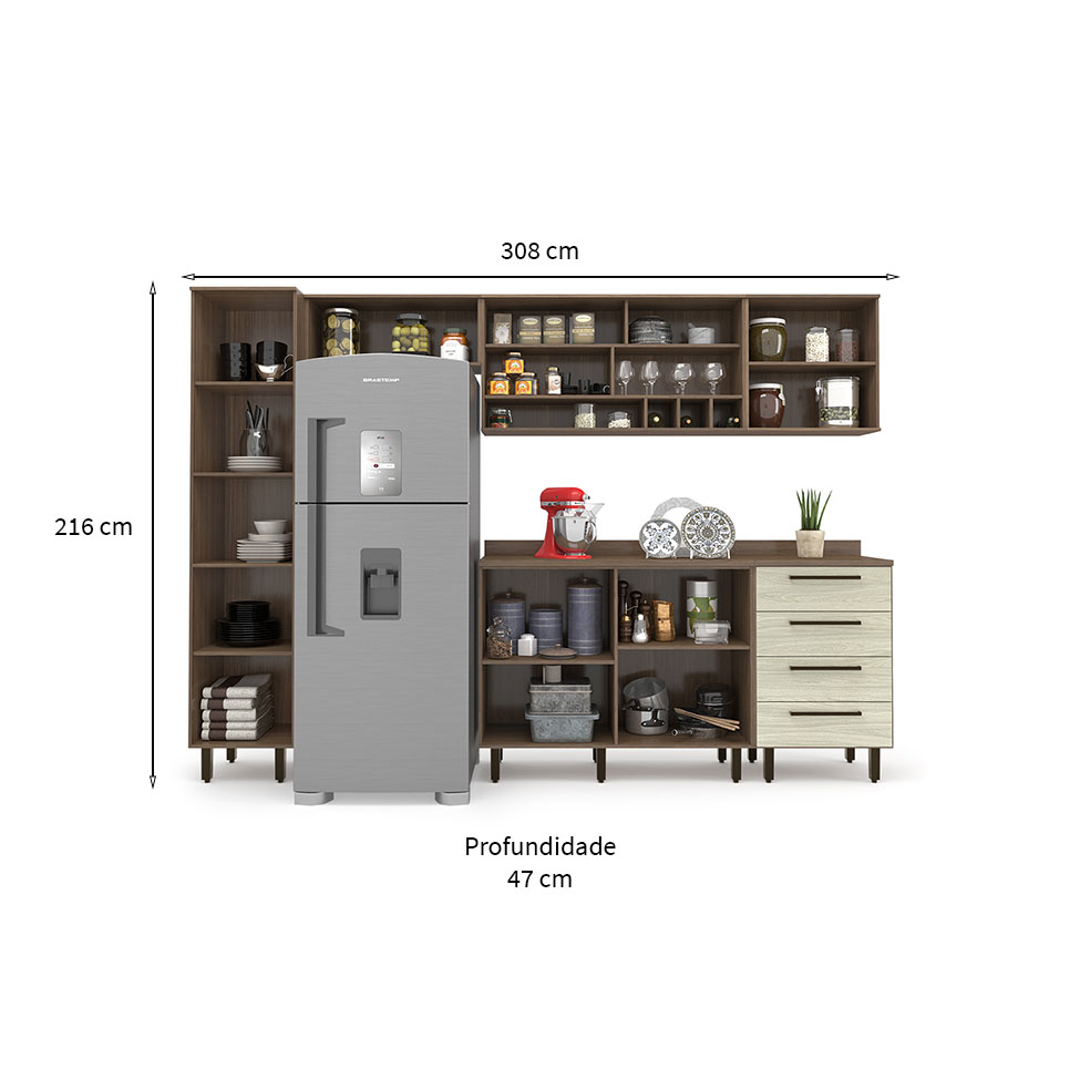 Cozinha Compacta Evolution 7 Portas 4 Gavetas Legno e Crema
