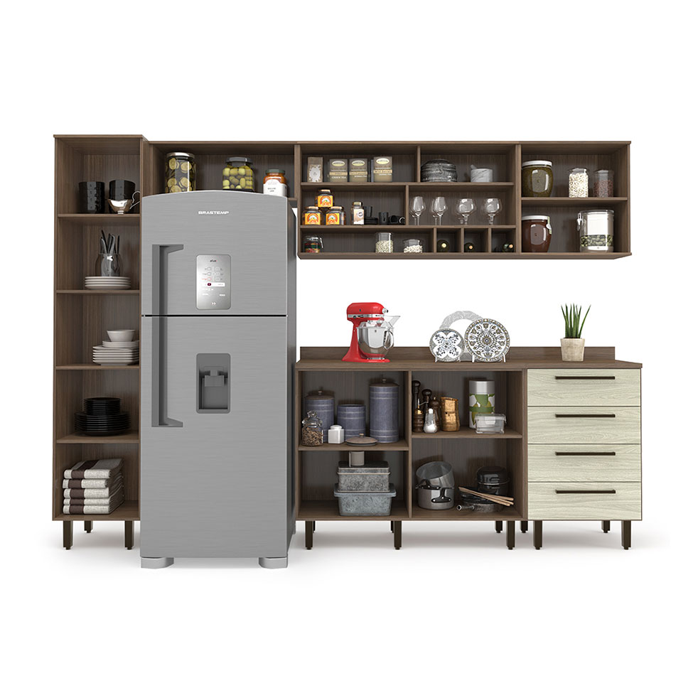 Cozinha Compacta Evolution 7 Portas 4 Gavetas Legno e Crema
