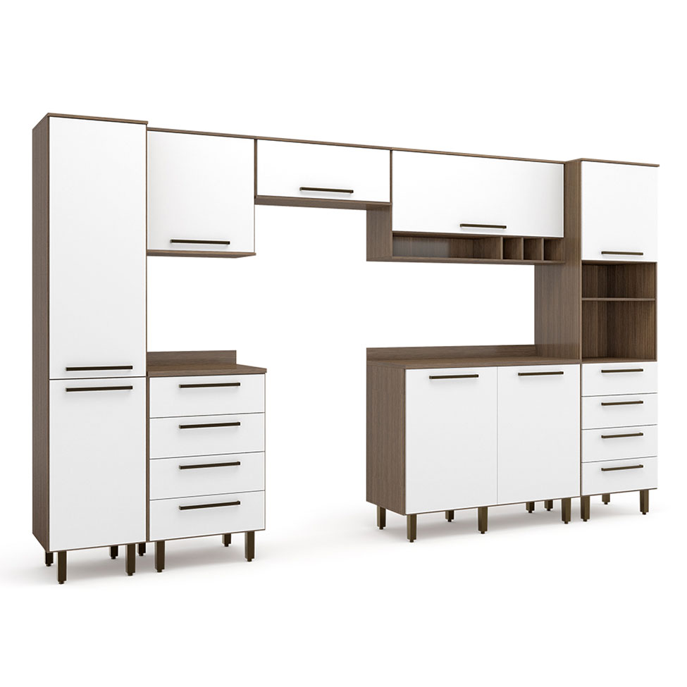 Cozinha Compacta Evolution 8 Portas 8 Gavetas Branco e Tannat