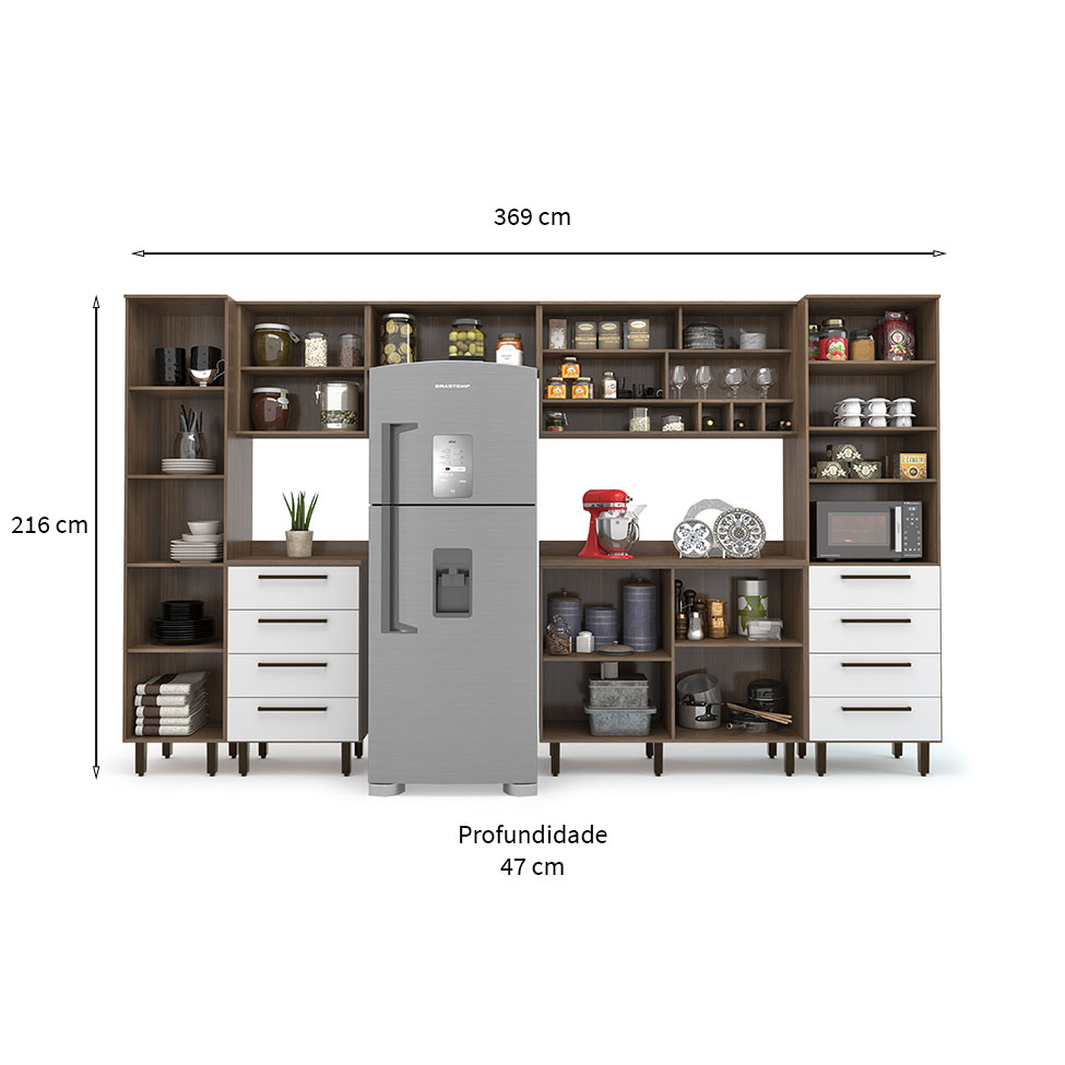 Cozinha Compacta Evolution 8 Portas 8 Gavetas Branco e Tannat
