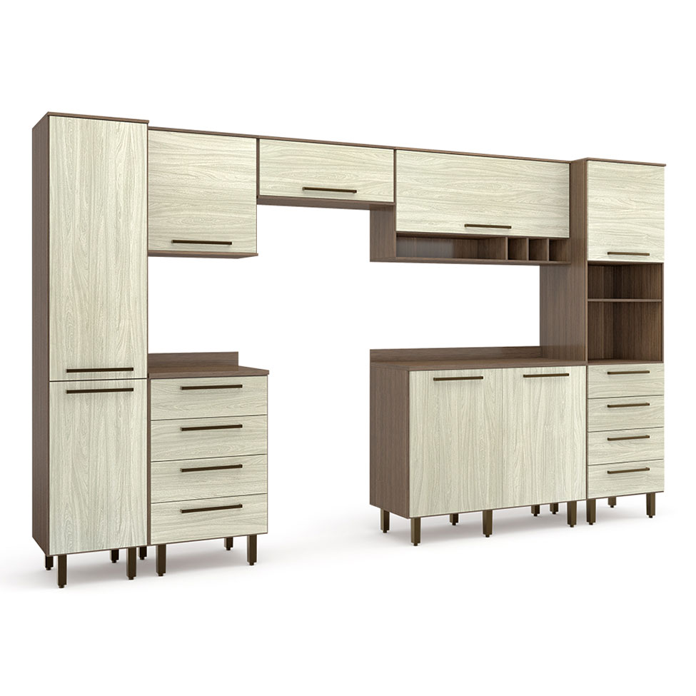 Cozinha Compacta Evolution 8 Portas 8 Gavetas Legno e Crema