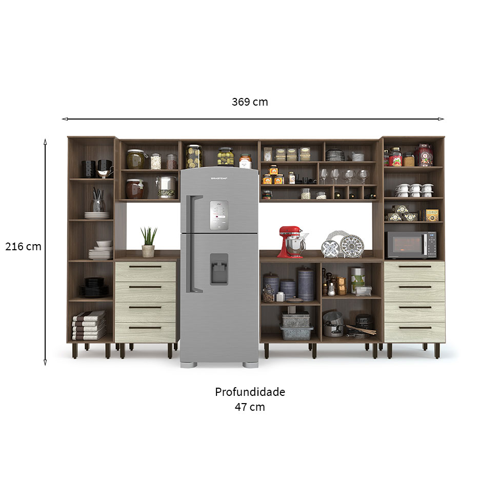 Cozinha Compacta Evolution 8 Portas 8 Gavetas Legno e Crema