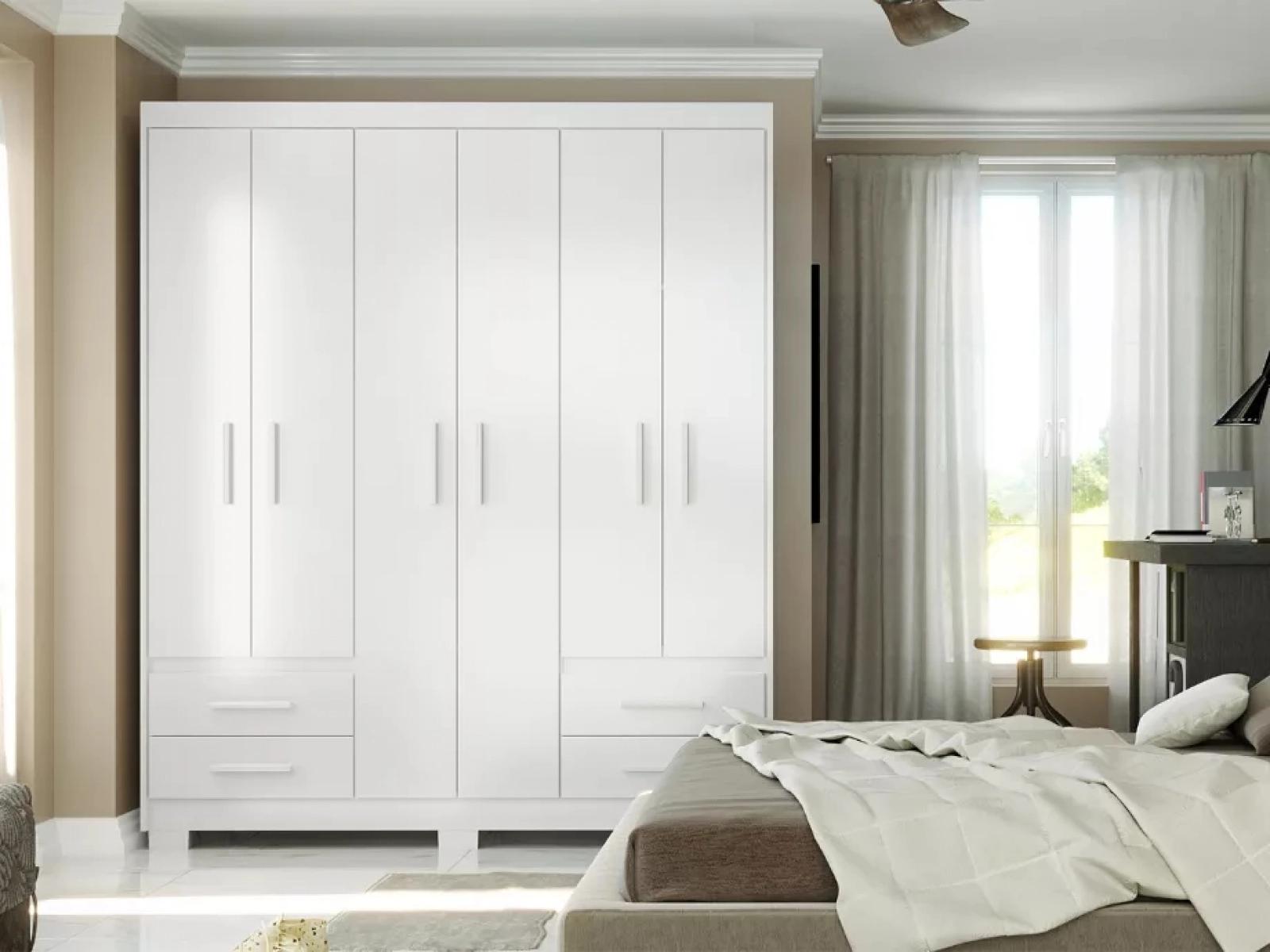 Guarda Roupa Roupeiro De Casal Branco com 6 Portas 4 Gavetas Armário Multiuso Quarto Pry 1,56x1,85 - Batrol