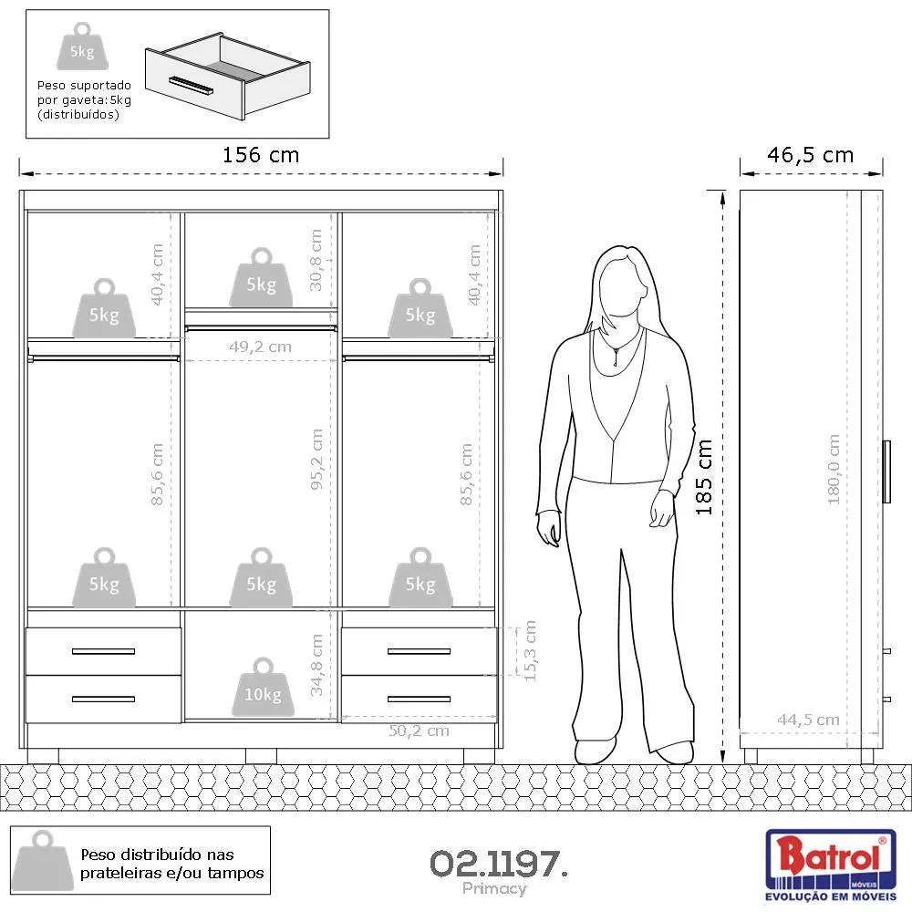Guarda Roupa Roupeiro De Casal Branco com 6 Portas 4 Gavetas Armário Multiuso Quarto Pry 1,56x1,85 - Batrol