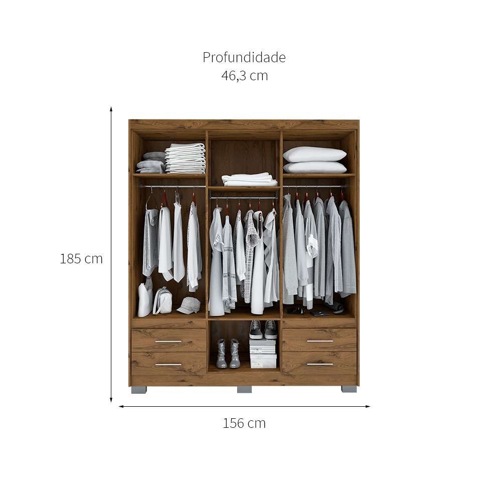 Guarda Roupa Roupeiro De Casal Marrom com 6 Portas 4 Gavetas Armário Multiuso Quarto Pry 1,56x1,85 - Batrol