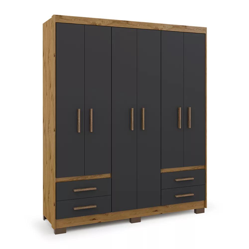Guarda Roupa Roupeiro De Casal Preto com Marrom 6 Portas 4 Gavetas Armário Multiuso Quarto Pry 1,56x1,85 - Batrol
