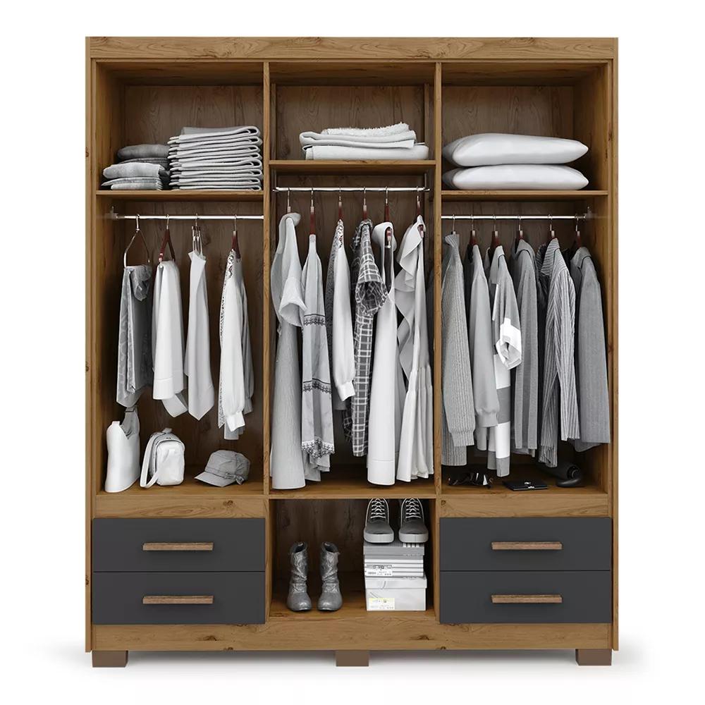 Guarda Roupa Roupeiro De Casal Preto com Marrom 6 Portas 4 Gavetas Armário Multiuso Quarto Pry 1,56x1,85 - Batrol