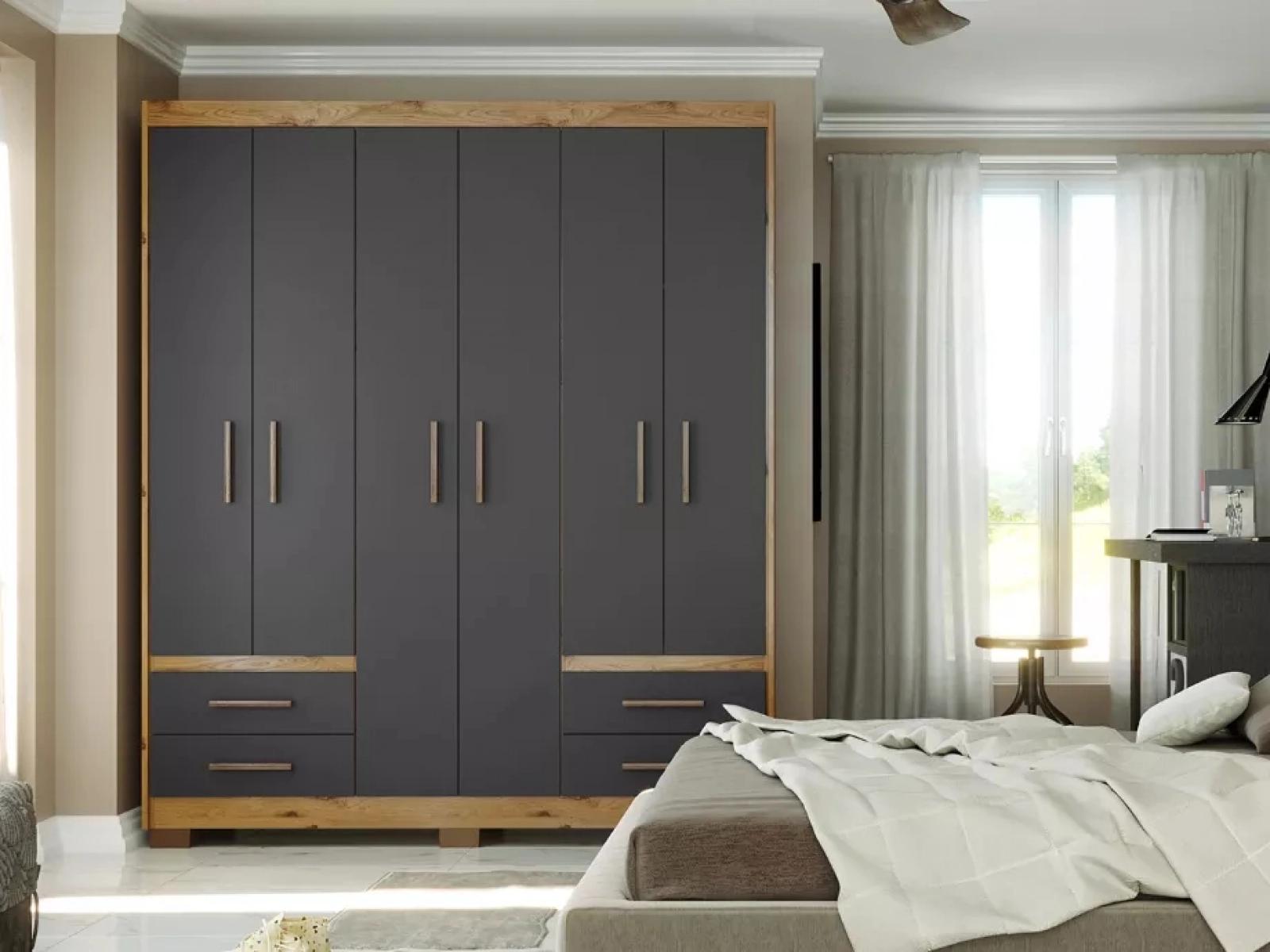 Guarda Roupa Roupeiro De Casal Preto com Marrom 6 Portas 4 Gavetas Armário Multiuso Quarto Pry 1,56x1,85 - Batrol