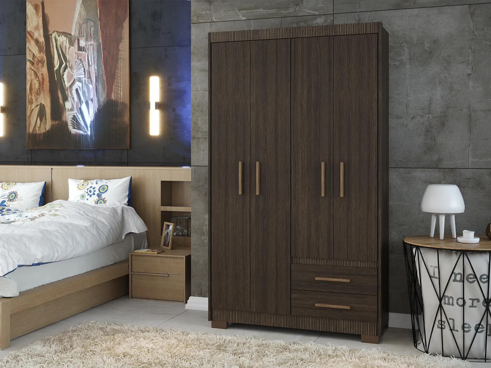Guarda Roupa Roupeiro De Solteiro Marrom com 4 Portas 2 Gavetas Armário Para Quarto Multiuso Pry 1,85x1,05