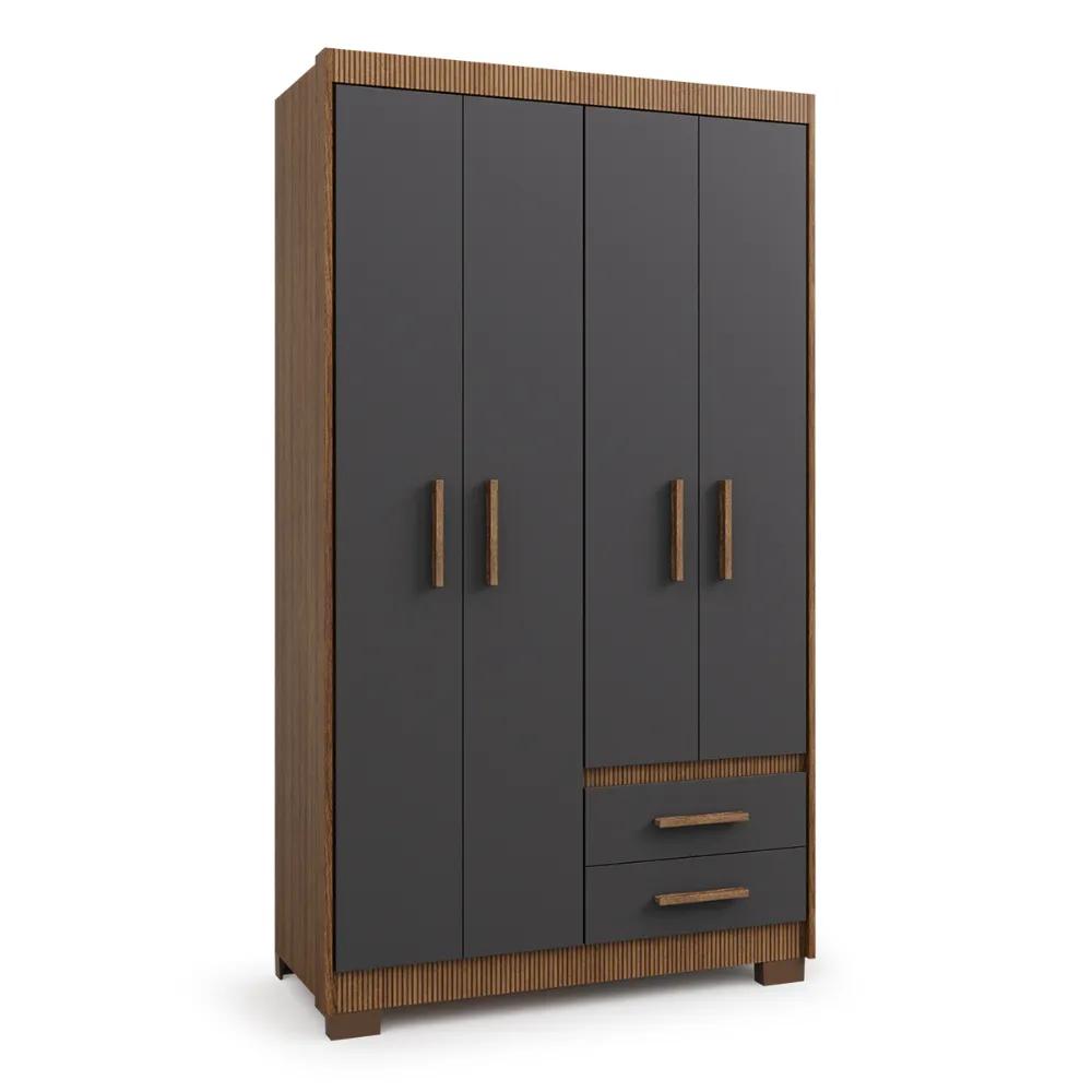 Guarda Roupa Roupeiro Solteiro 4 Portas 2 Gavetas Marrom com Preto Armário Para Quarto Multiuso Pry