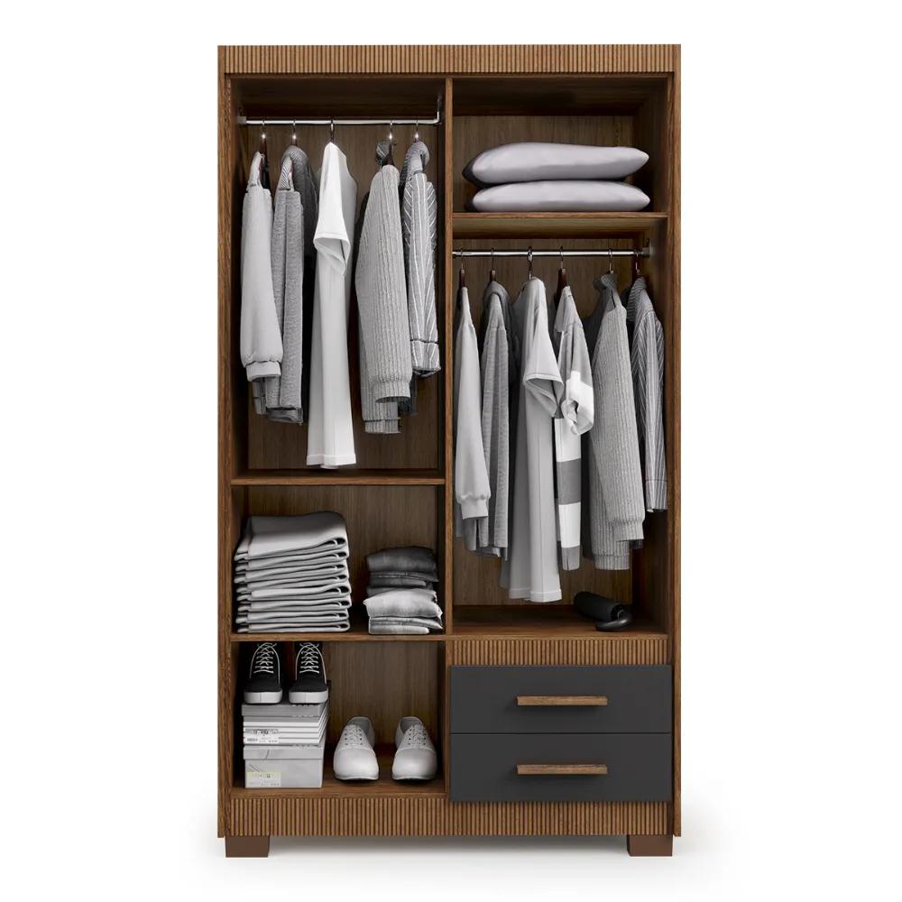 Guarda Roupa Roupeiro Solteiro 4 Portas 2 Gavetas Marrom com Preto Armário Para Quarto Multiuso Pry