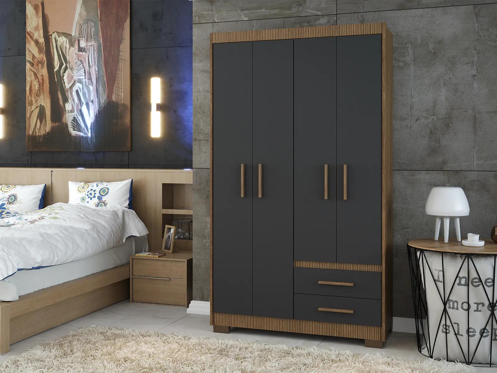 Guarda Roupa Roupeiro Solteiro 4 Portas 2 Gavetas Marrom com Preto Armário Para Quarto Multiuso Pry